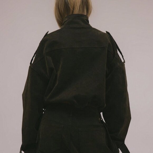 Army Green Casual Women's Velvet Denim Drawstring Cargo Jacket - Picture 6 of 9